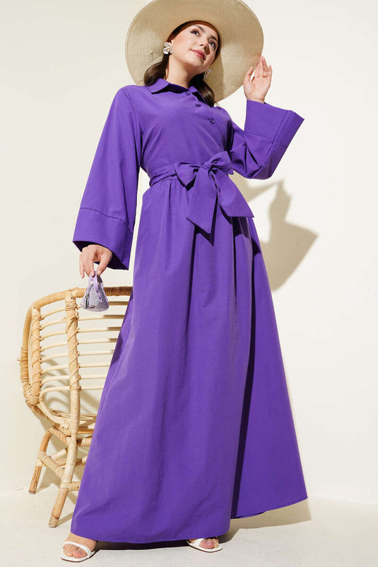Side Tie Half Cross Button Dress Purple