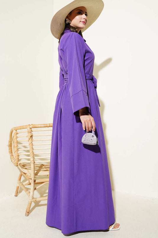 Side Tie Half Cross Button Dress Purple