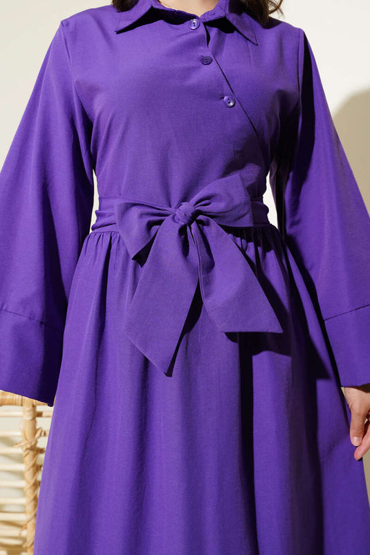 Side Tie Half Cross Button Dress Purple