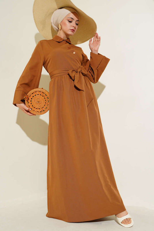 Side Tie Half Cross Button Dress Tan