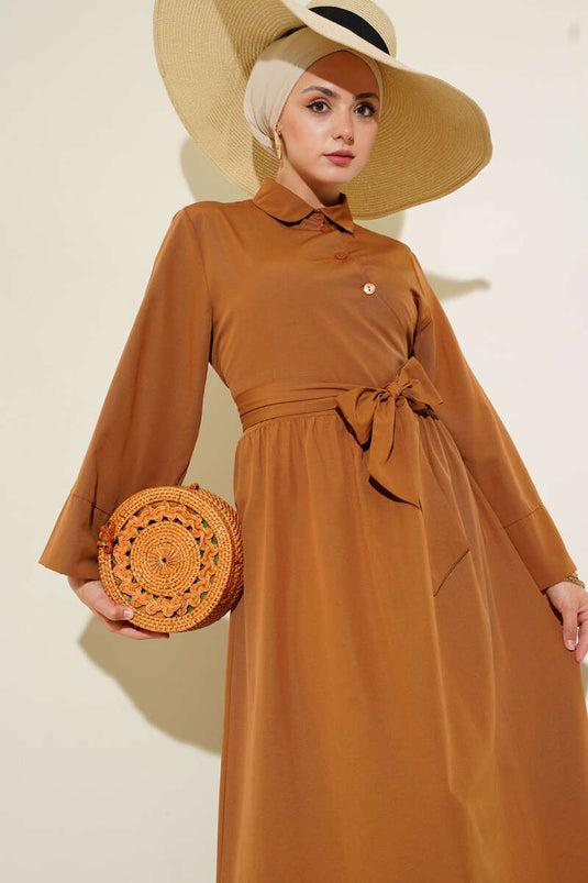Side Tie Half Cross Button Dress Tan