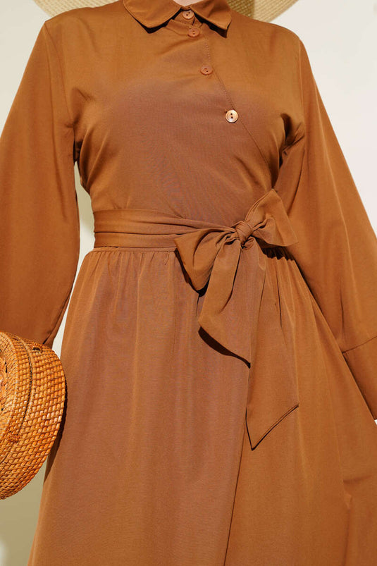 Side Tie Half Cross Button Dress Tan