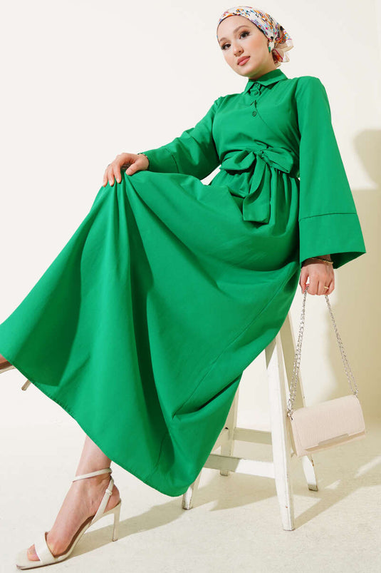 Yan Bağlamalı Yarım Çapraz Düğmeli Elbise Yeşil
