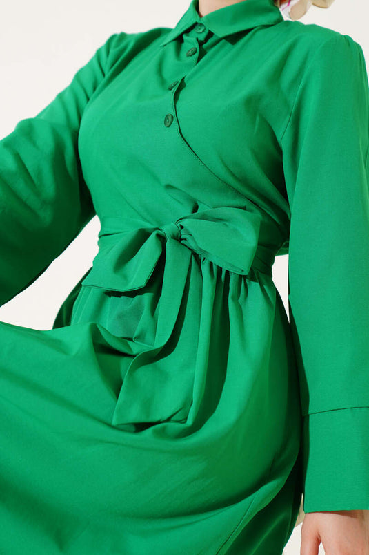 Yan Bağlamalı Yarım Çapraz Düğmeli Elbise Yeşil