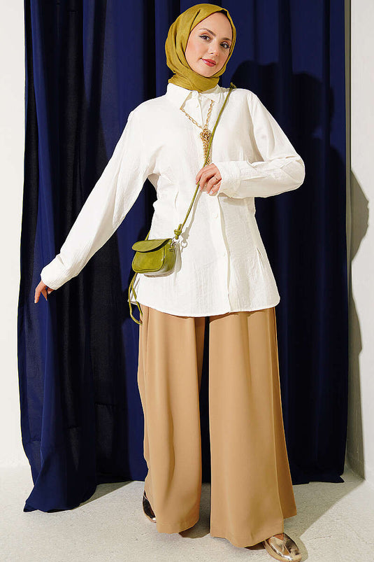 Ecru Zijplissé Blouse