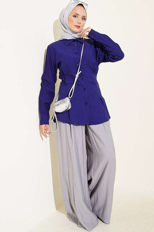 Nauwsluitende Zijplissé Blouse In Navy