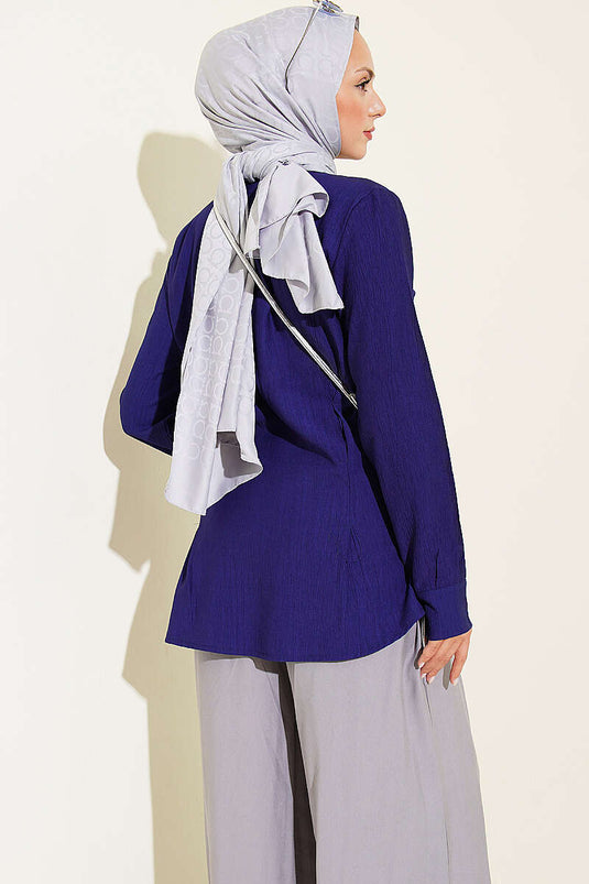Nauwsluitende Zijplissé Blouse In Navy