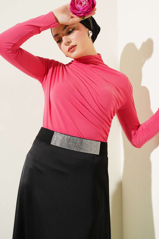 Yan Büzgülü Balıkçı Yaka Sandy Bluz Gül Kurusu