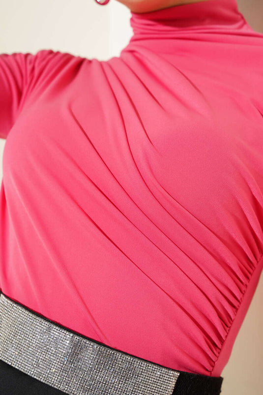 Yan Büzgülü Balıkçı Yaka Sandy Bluz Gül Kurusu