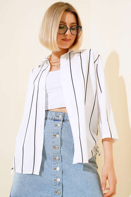 Yan Büzgülü Çizgili Gömlek Siyah