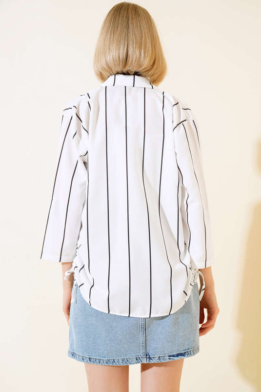 Yan Büzgülü Çizgili Gömlek Siyah