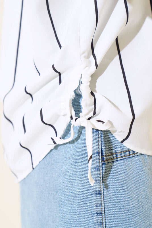 Yan Büzgülü Çizgili Gömlek Siyah