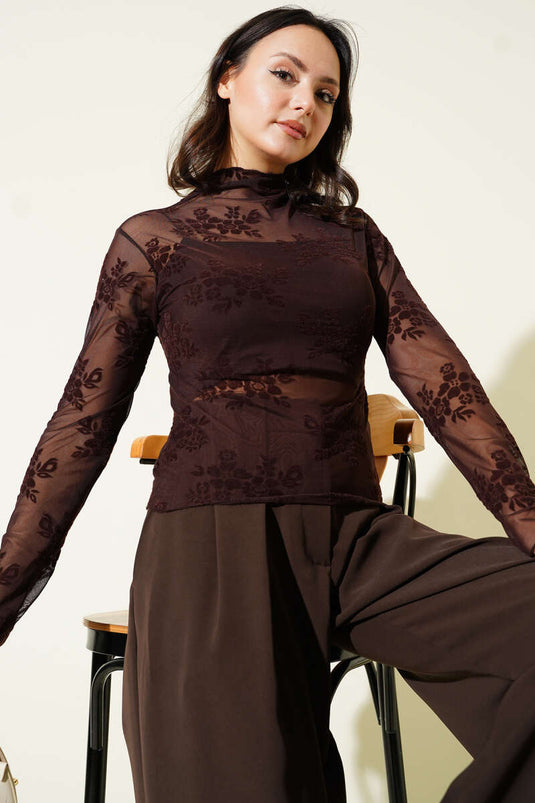 Blouse en tulle à motif plissé Yan Marron foncé