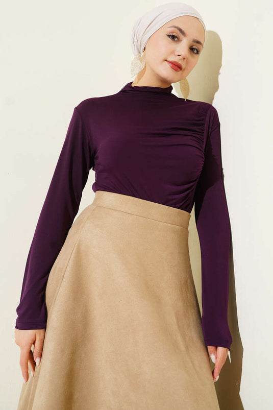 Side Gathered Stand Collar Sandy Blouse Purple