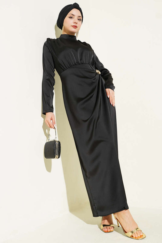 Yan Büzgülü Gold Tokalı Saten Abiye Siyah