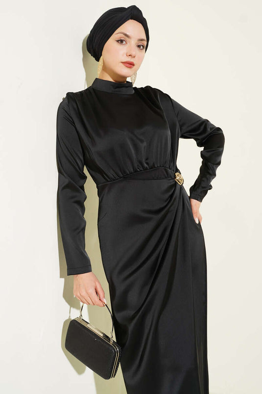 Yan Büzgülü Gold Tokalı Saten Abiye Siyah