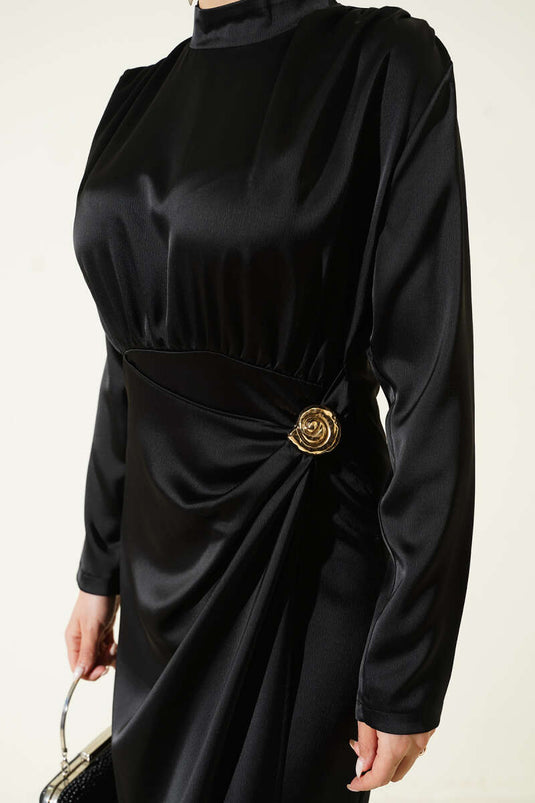 Yan Büzgülü Gold Tokalı Saten Abiye Siyah