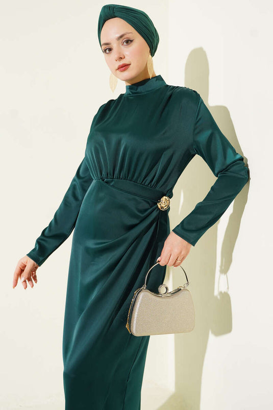 Yan froncé Satin de soirée à boucle dorée Vert émeraude