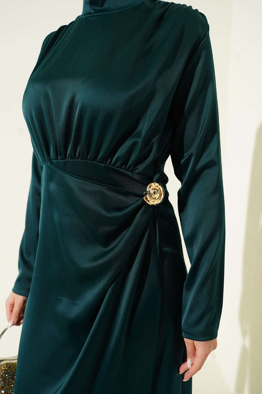 Yan froncé Satin de soirée à boucle dorée Vert émeraude