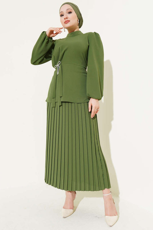 Two-Piece Set with Side Gathered Pleated Skirt, Khaki