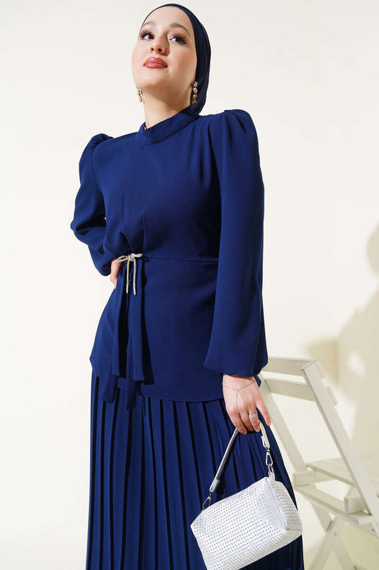 Two-piece set with side-gathered pleated skirt, navy blue.