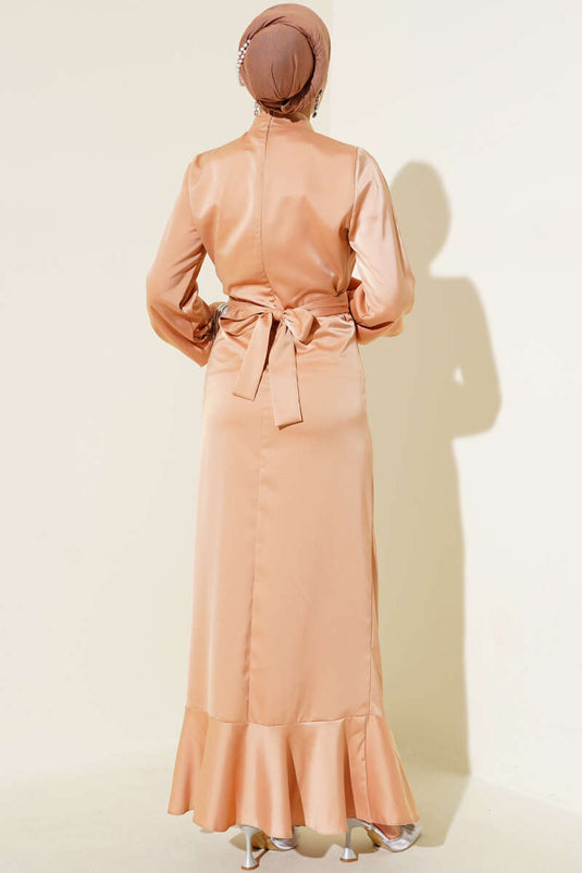 Side Pleated Satin Fishtail Dress Latte