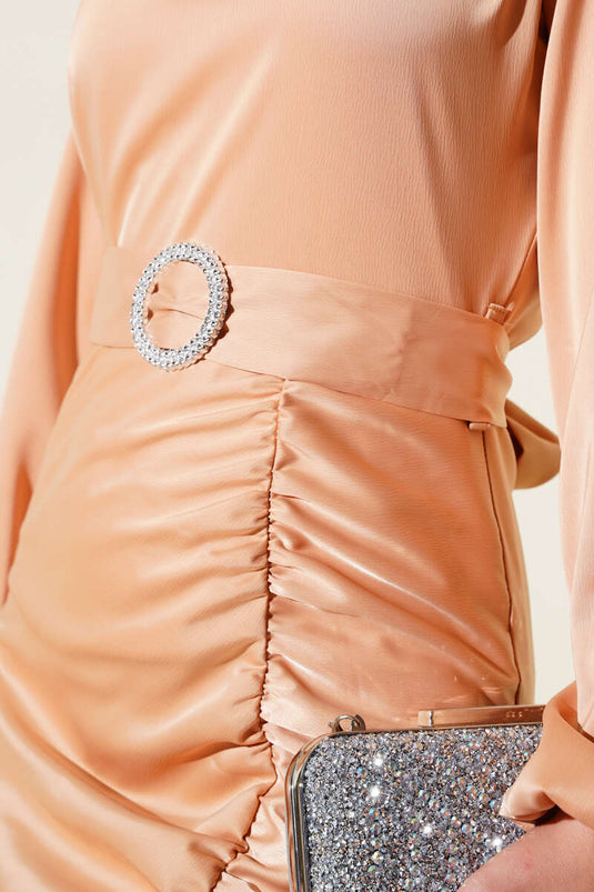 Side Pleated Satin Fishtail Dress Latte