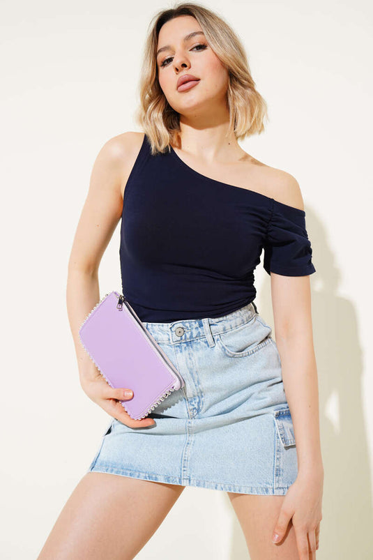 Blusa de manga sencilla con fruncido lateral azul marino