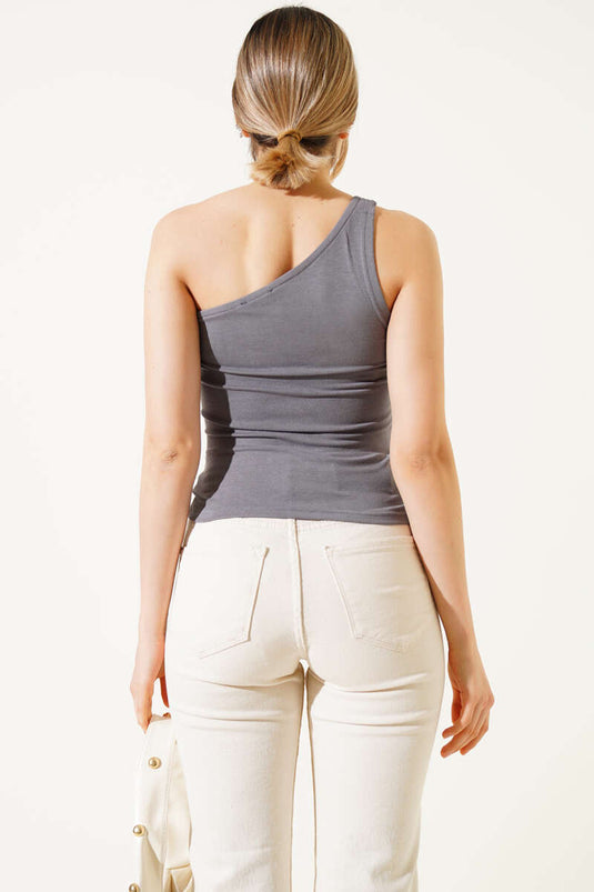 Side Gathered One Shoulder Blouse Gray