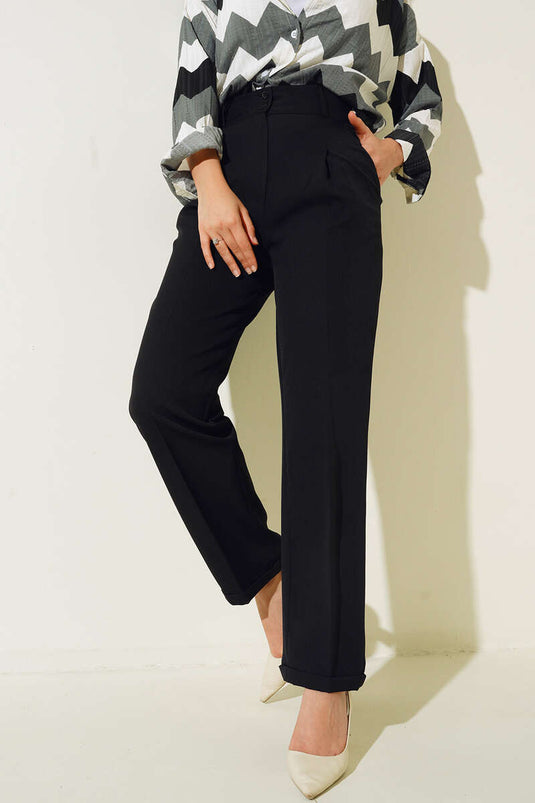 Yan Cep Pile Detaylı Duble Paça Pantolon Siyah