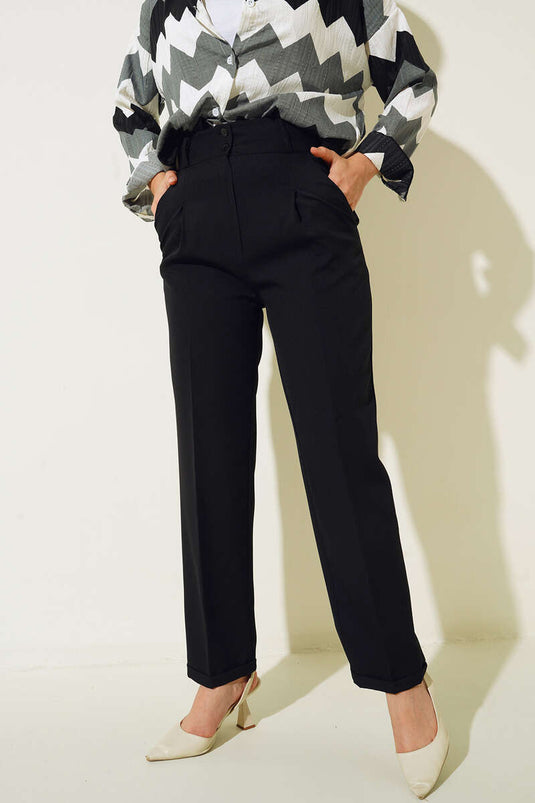 Yan Cep Pile Detaylı Duble Paça Pantolon Siyah