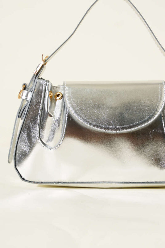 Side Snap Patent Leather Bag, Silver