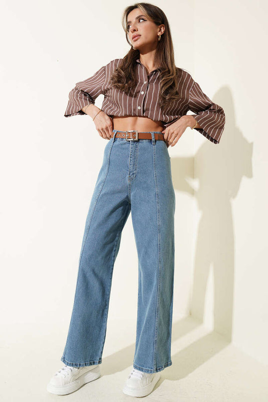 Pantalón de pierna ancha con cinturilla sin costuras Yan, azul vaquero