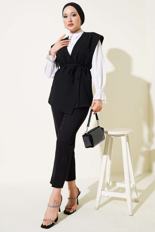 Side Buttoned Rope Tied Vest Black