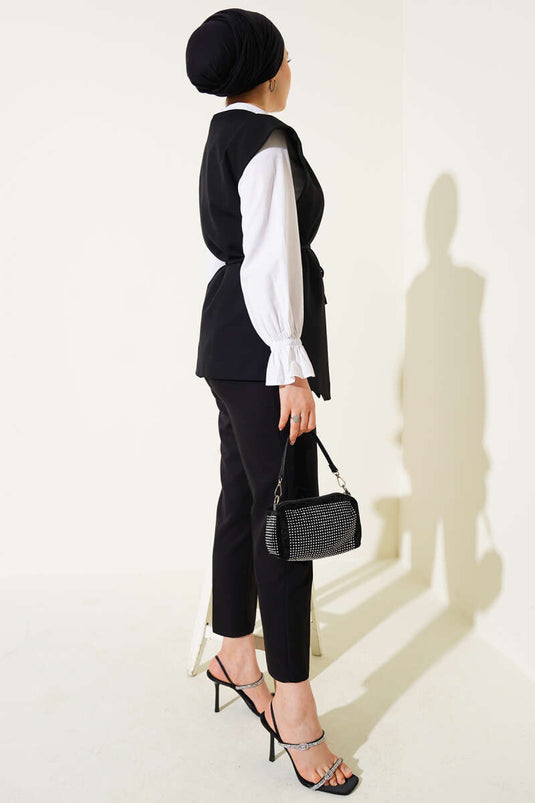 Side Buttoned Rope Tied Vest Black