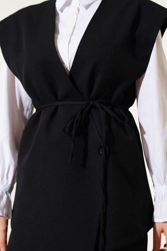 Side Buttoned Rope Tied Vest Black
