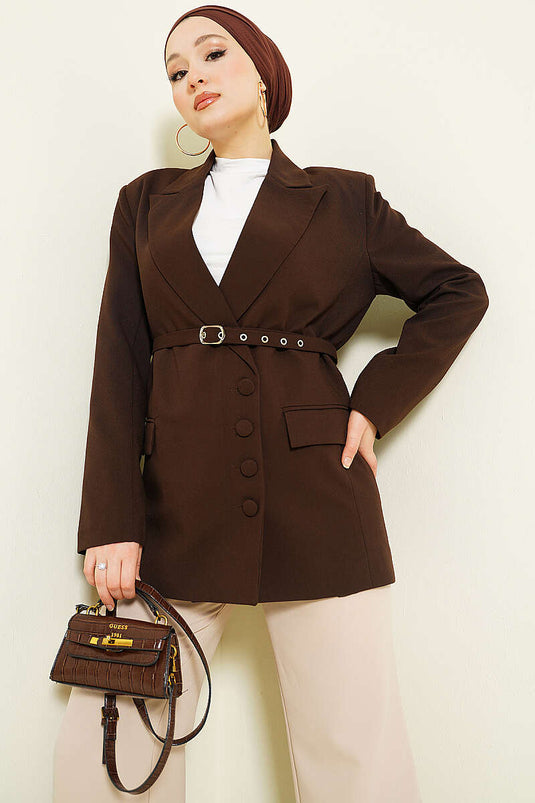 Blazer à ceinture avec boutons décoratifs Marron
