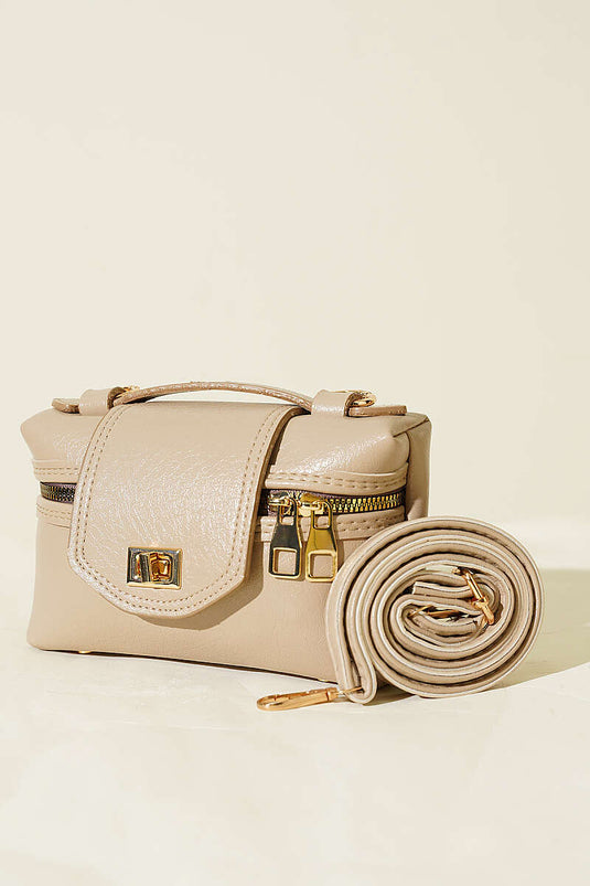 Sac à fermeture éclair latérale avec détail de verrou beige