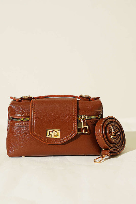 Sac à fermeture éclair latérale avec détail de verrou, couleur tabac