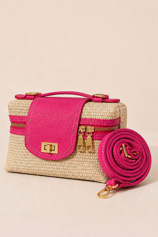 Sac à bandoulière en paille avec fermeture éclair et détails, couleur fuchsia