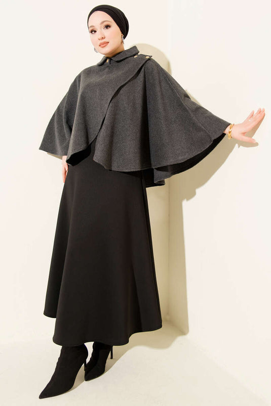 Poncho en cachemire à boutons dorés sur le côté, gris fumé