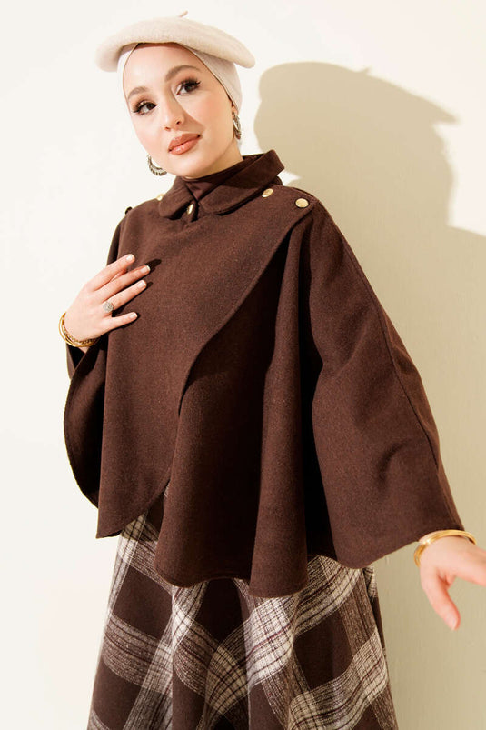 Side Gold Buttoned Cashmere Poncho, Brown
