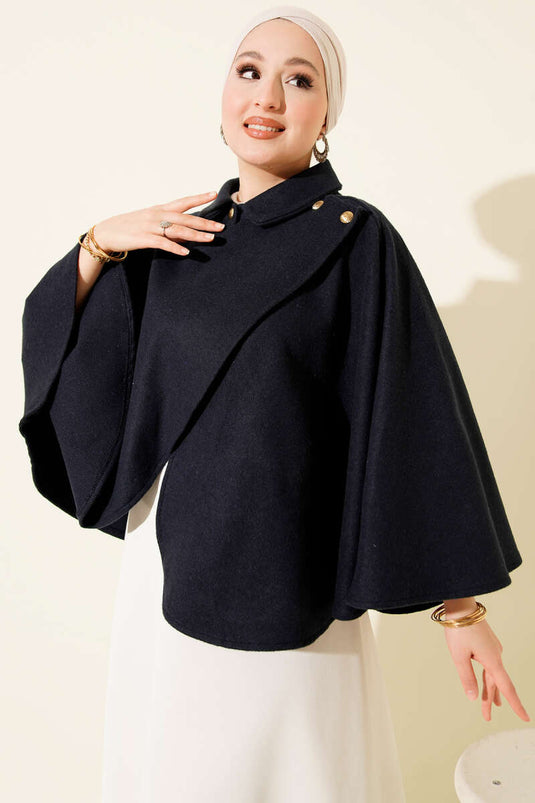 Navy Blue Cashmere Poncho with Gold Side Buttons