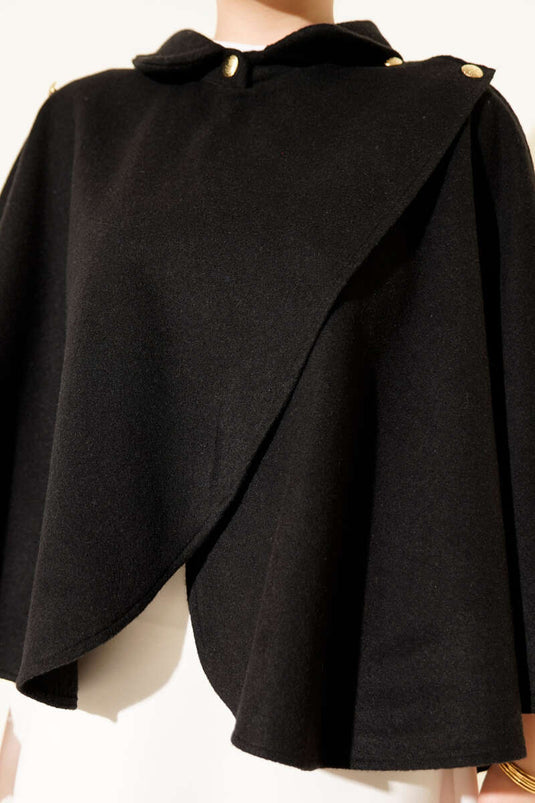 Black Cashmere Poncho with Gold Side Buttons