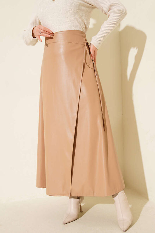 Yan İp Bağcıklı Deri Etek Latte