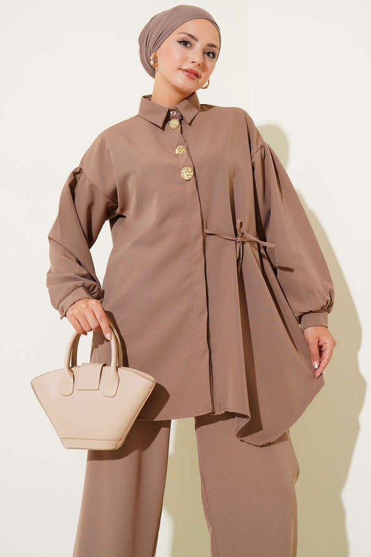 Ensemble latte boutonné à double boutonnage avec corde latérale