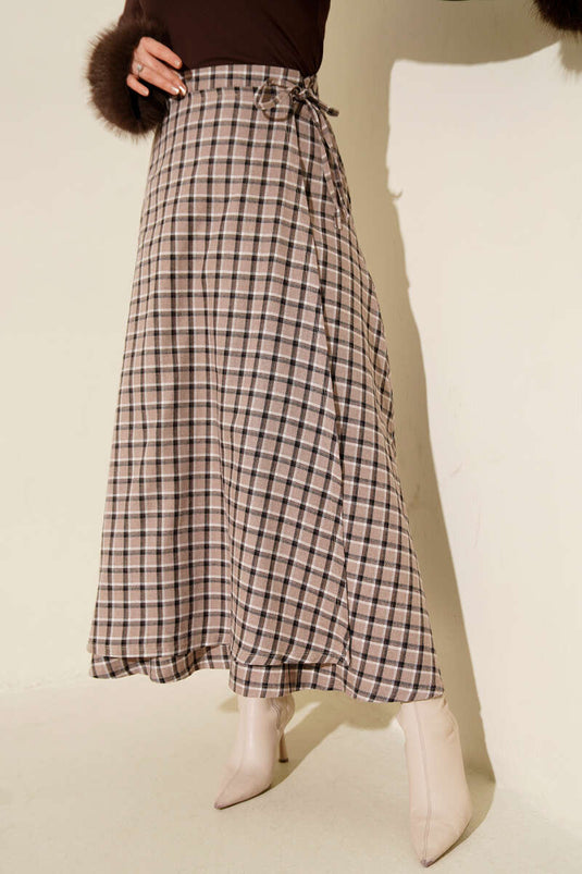 Yan İp Bağcıklı Ekoseli Etek Bej