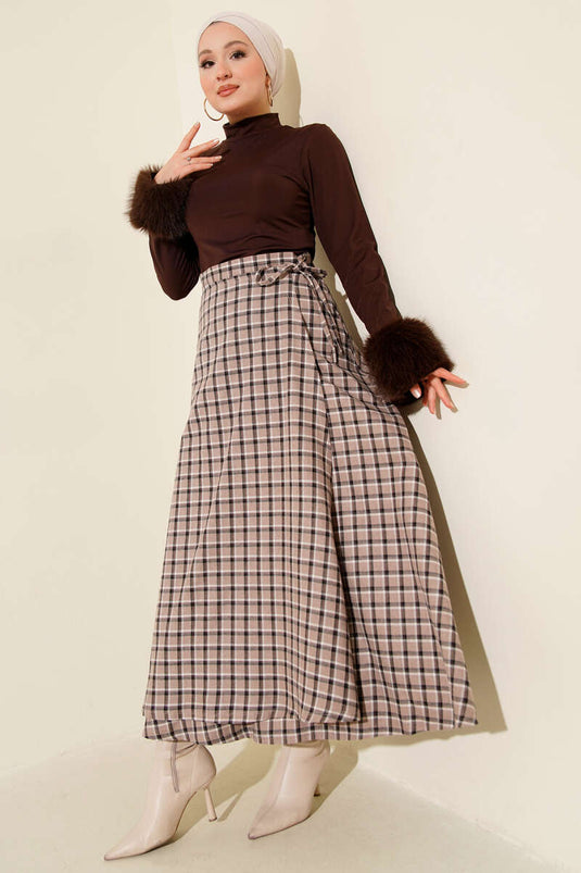 Yan İp Bağcıklı Ekoseli Etek Bej