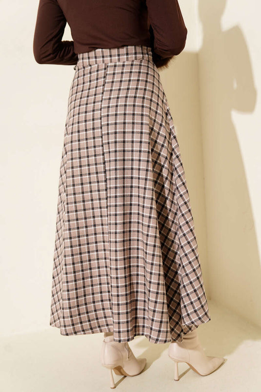 Yan İp Bağcıklı Ekoseli Etek Bej