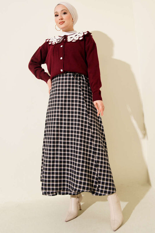 Yan İp Bağcıklı Ekoseli Etek Lacivert